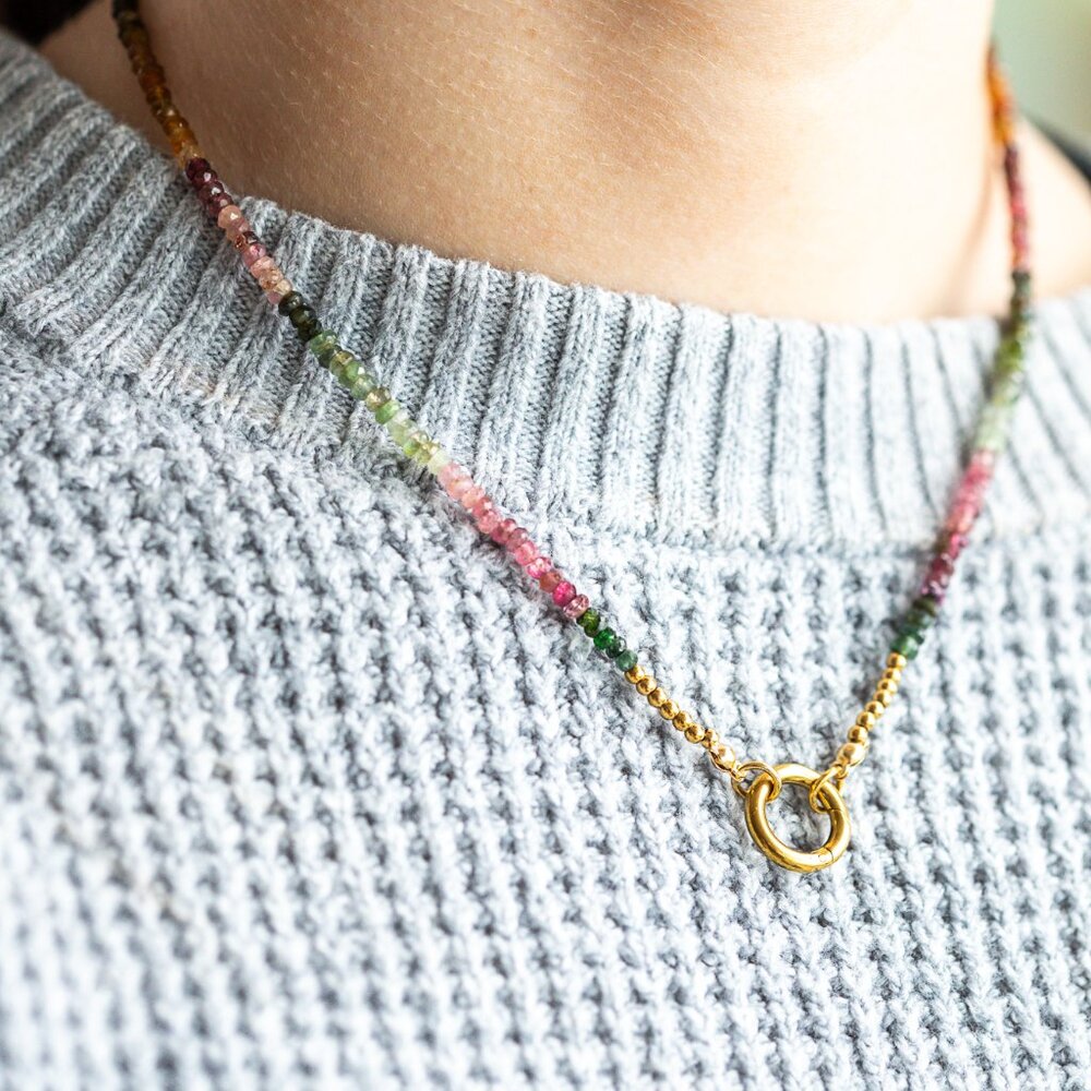 Watermelon Tourmaline Necklace Gemstone Beaded Necklace Gold Charm Clasp PRETTY - Picture 3 of 12